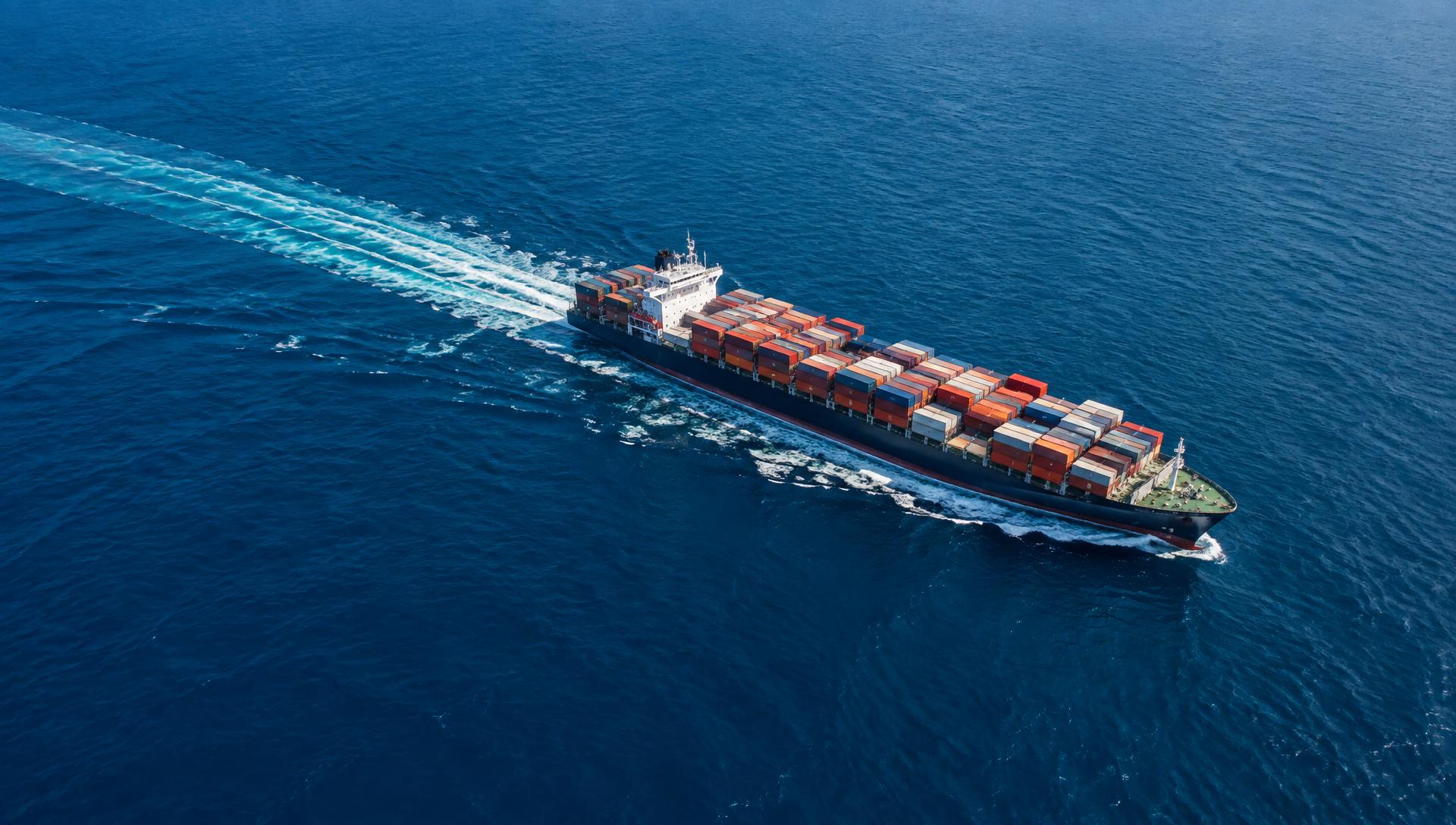 Navio porta-contêineres cruzando águas azuis calmas em uma rota comercial