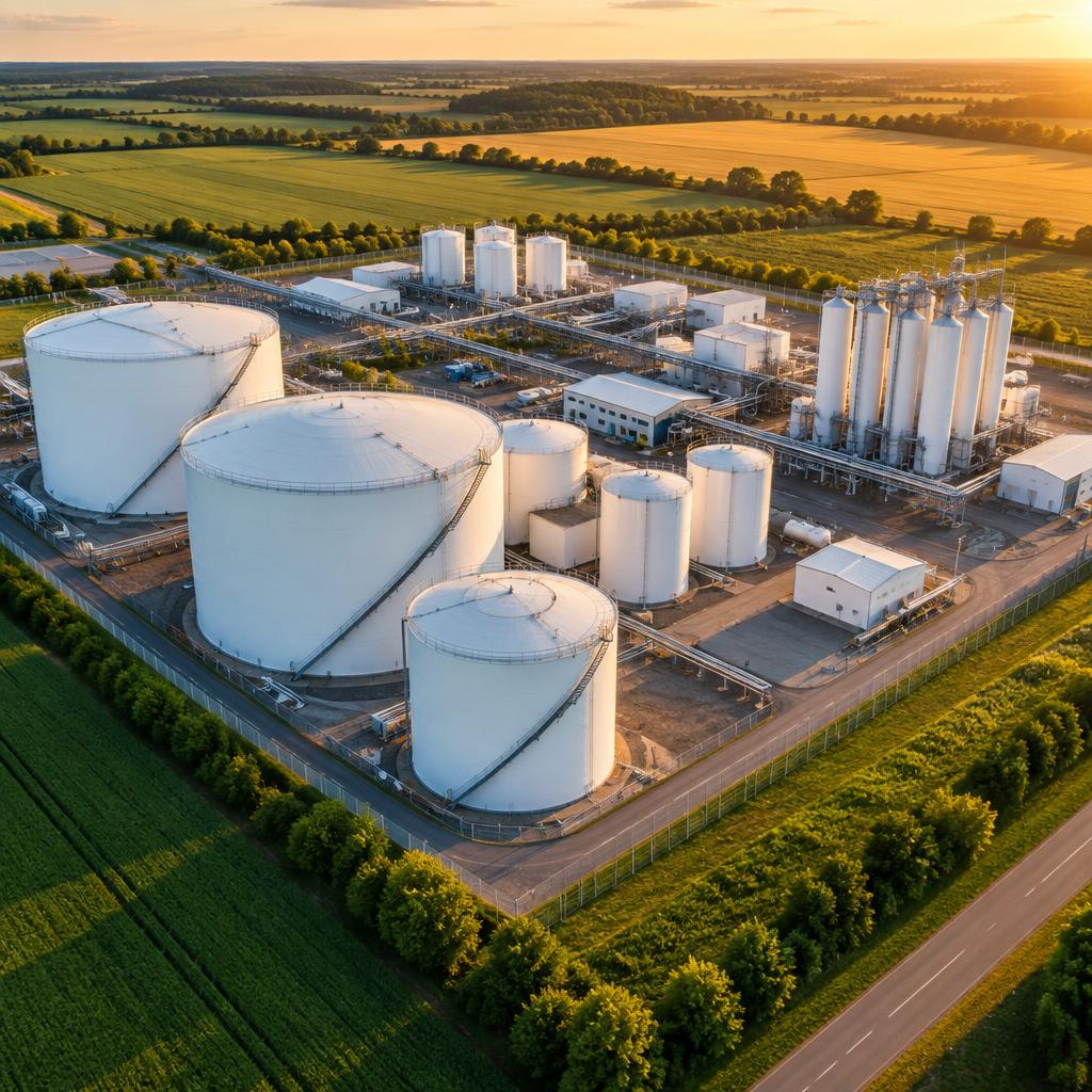 Vista aérea de tanques brancos de armazenamento de produtos químicos e tubulações em um local industrial